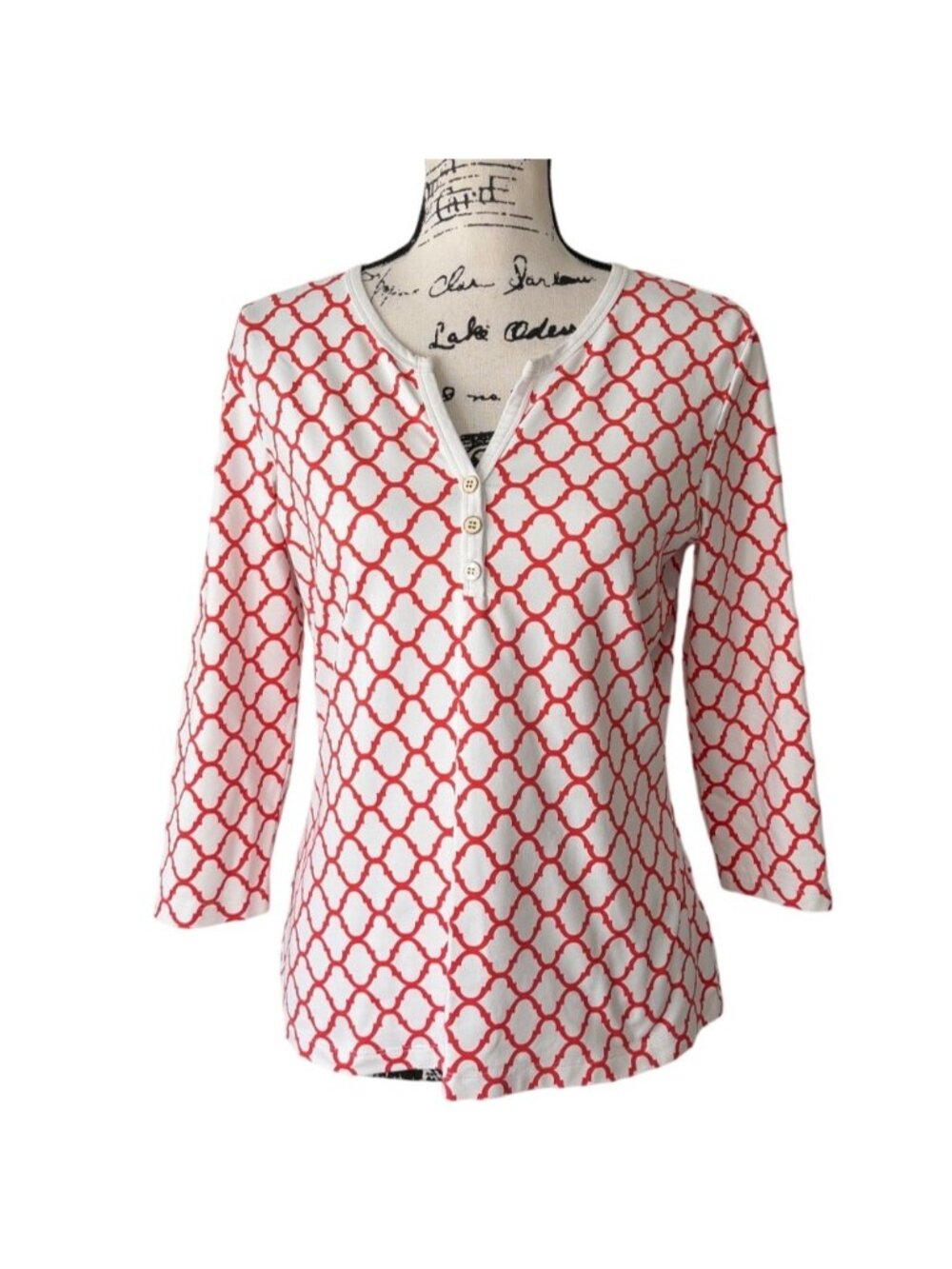 J. McLaughlin Womens Size M Top White Red Geometric 3/4-Sleeve Catalina Henley